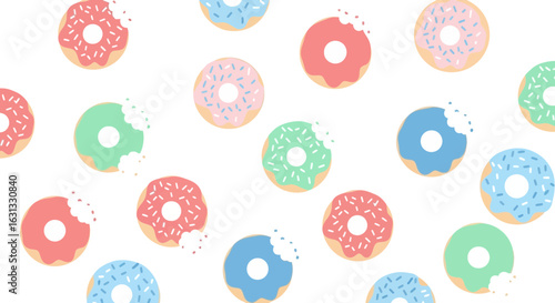 Pastel donuts scattered on white background delightful dessert pattern