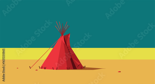 Red teepee in plains, minimal style, flat background. Indian art project