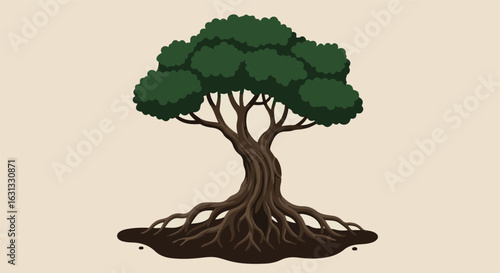 Graphic icon of an uprooted tree, roots exposed, on a plain background for design