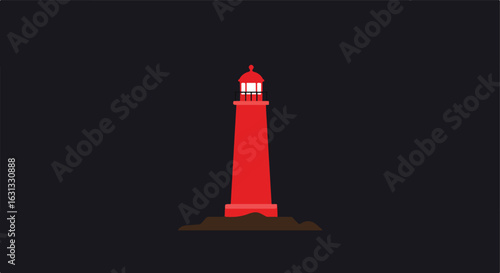 Red lighthouse in dark background. Minimalist design for maritime navigation icon