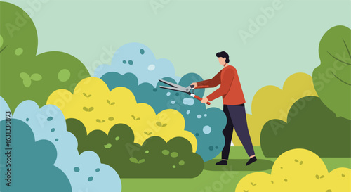 Man trimming bushes in a park; colorful trees background, potential for eco use