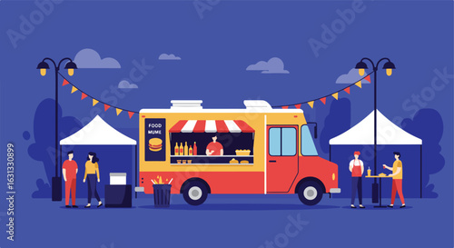 People buying food at a truck in an outdoor venue with tents and festive bunting
