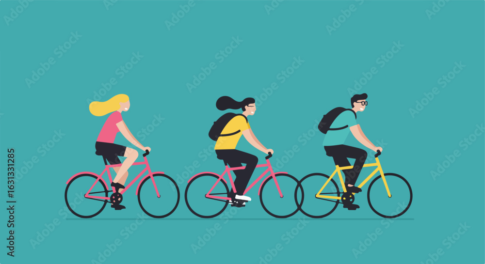 Fototapeta premium People riding bikes, with backpacks, in a line, against turquoise background. Use lifestyle