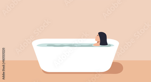 Woman relaxes in a bathtub, in a neutral bathroom, for wellness concepts