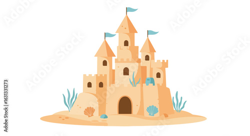 Illustration of a sandcastle with flags and shells on a beach; backdrop is plain