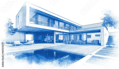Blue pencil sketch of modern house with pool