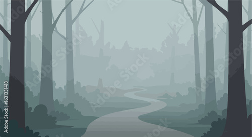 Foggy road through a stylized forest; mysterious silhouettes in the distance