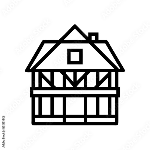 Minimalist black and white linear icon of a traditional European timber-frame house 
