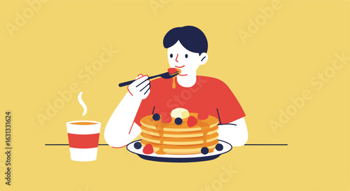 Person eating pancakes with fruit, syrup, and coffee at table with yellow backdrop
