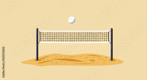 Volleyball above net on sand court; summer sport ad backdrop