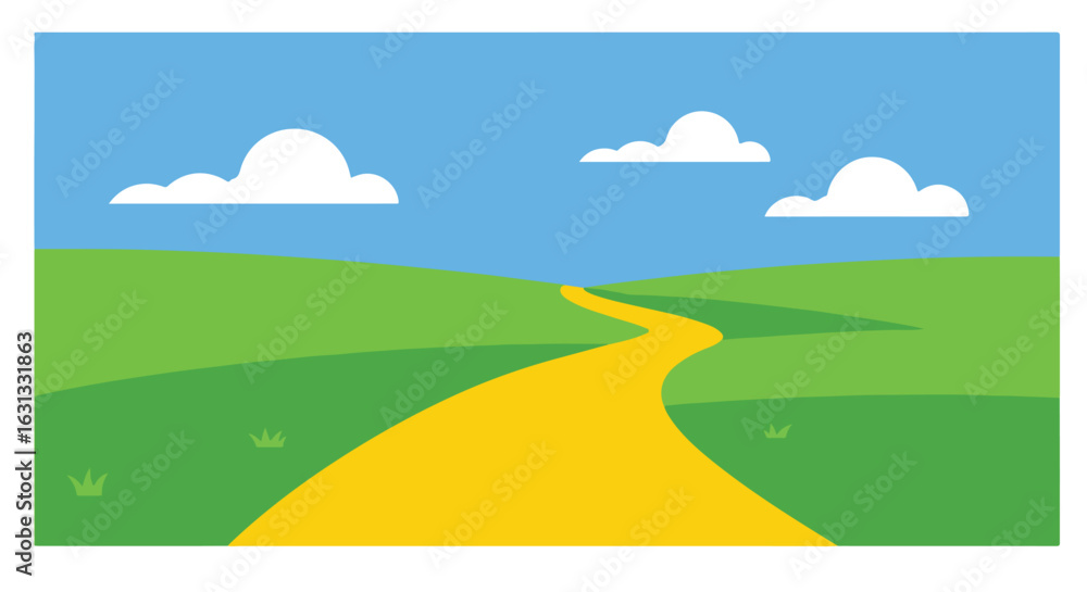 Fototapeta premium Yellow road winds through green fields under blue, cloudy sky. Design element use