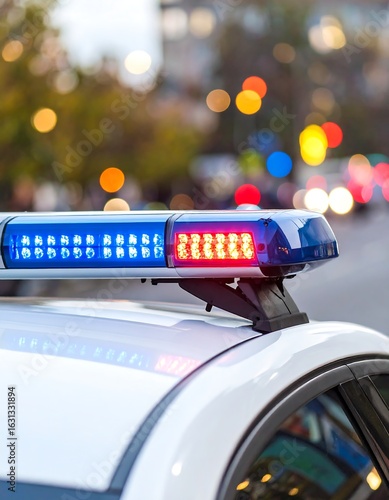 Close-up of flashing police car lights on a vehicle, blurred city background
