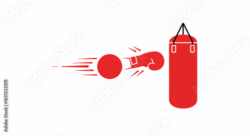 Punching bag is being hit by boxing glove on white background for training