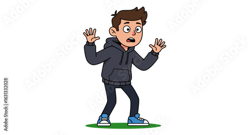 Scared cartoon teenage boy in a dark hoodie with a shocked expression. Vector illustration of a frightened young man with hands up in surprise.
