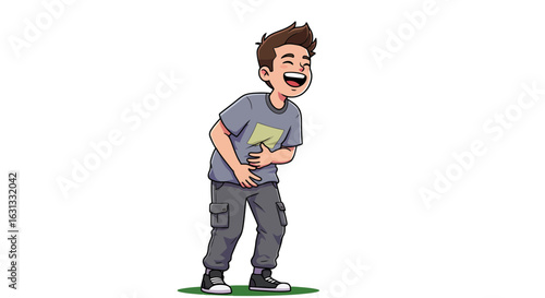 Cartoon vector illustration of a young man laughing hysterically, clutching his stomach in amusement. A joyful and positive emotional expression.
