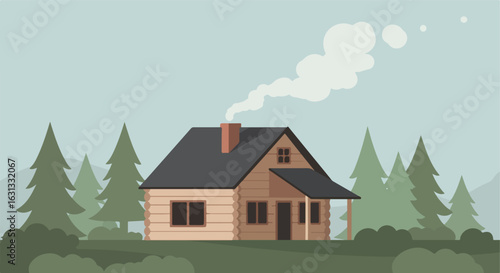 Cozy cabin with smoke rising from chimney in woods background for real estate