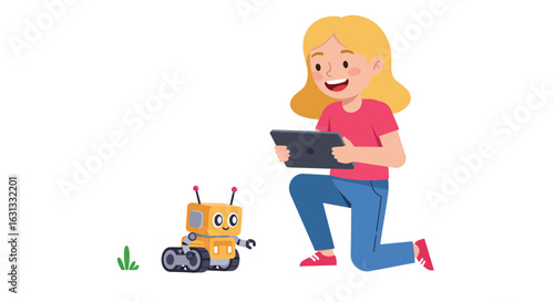 Happy child learning robotics and coding, interacting with a small smart robot using a digital tablet. Future technology and STEM education.