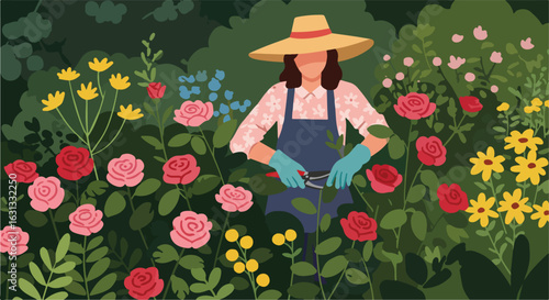 Gardener pruning roses in a lush backyard garden with dense foliage in the background