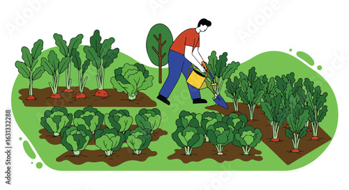 Gardener tending organic vegetables in backyard garden with trees behind