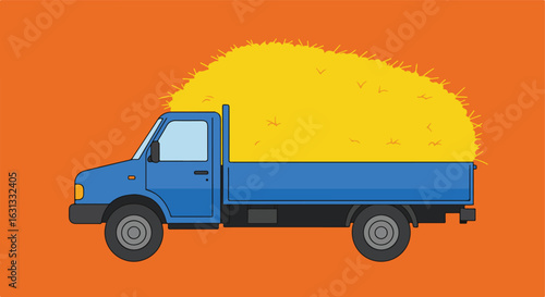 Blue farm truck transports hay on orange background. Use agriculture illustration