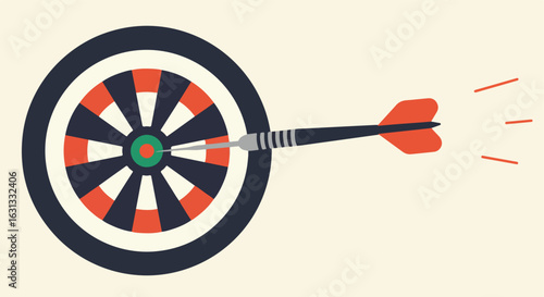 Dart hitting bulls-eye of target on plain background, indicating success and achievement