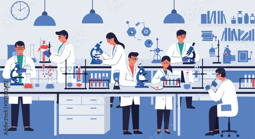 Scientists doing research using microscopes and flasks in laboratory background