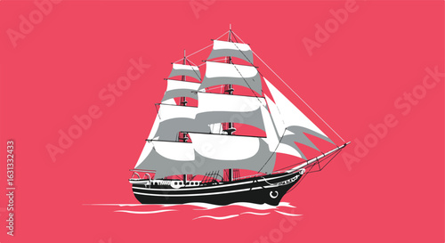 Sailing ship glides smoothly on a bright ocean with a solid backdrop, great for art