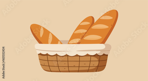 Fresh baguettes in a basket. Simple background, used for culinary design