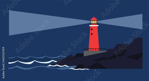 Red lighthouse beams light from rocky coast over dark sea with waves, use safety