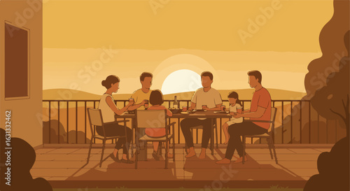 Family sharing meal on deck at sunset. Leisure use, summer lifestyle, and relaxation
