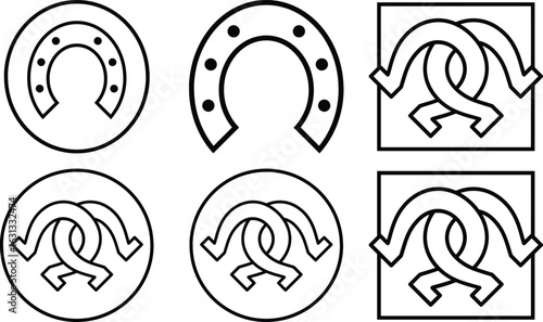 Collection of six horseshoe icons and symbols representing luck and equestrianism isolated on transparent background