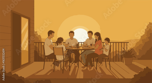 Family eating meal on patio with a sunset and trees in the background illustration