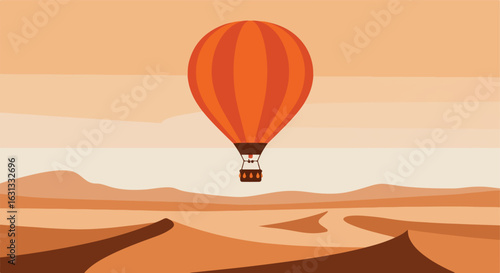 Hot air balloon flying over desert landscape with dunes background for travel ad