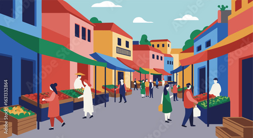 People shop, gather, and socialize at a colorful outdoor market in a European town