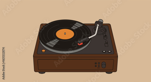 Vinyl record is playing on a wooden turntable, on a cream background, for music