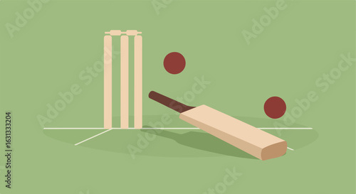 Cricket ball, bat & wickets on pitch graphic for games or sport education use