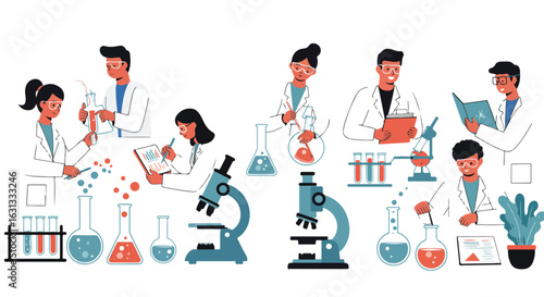 Diverse scientists researching chemicals in lab with microscope and glassware