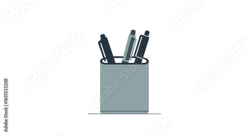 Pens in cup on desk. Minimal background. Office or school supply icon