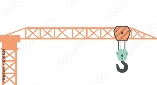 Isolated flat vector illustration of crane, hook dangling, against white background