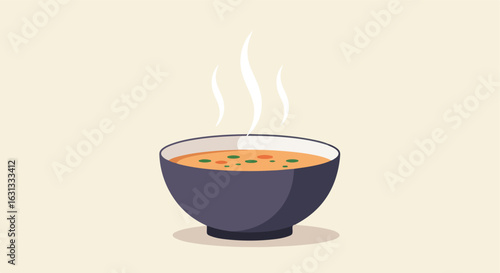 Cartoon bowl of hot soup steams on beige backdrop, illustration for recipes or websites