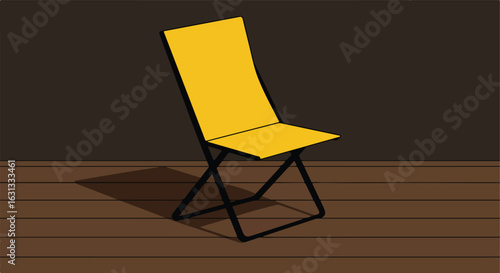 Yellow chair sits open on a wood deck with dark background, for patio furniture ads
