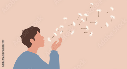 Vector man blows dandelion seeds on flat background in light pink tone for print