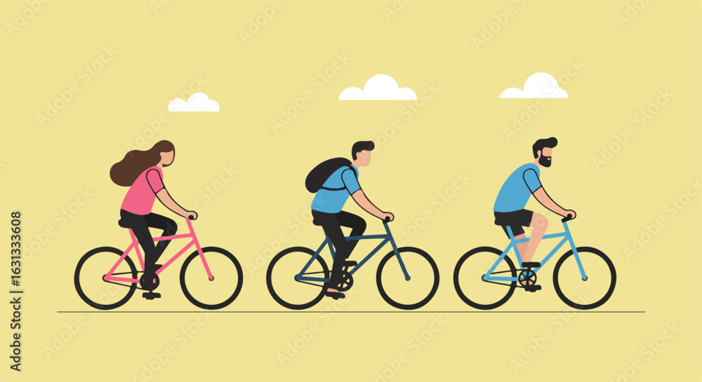 Obraz premium People cycling outdoors with clouds, for active lifestyle and transportation ads