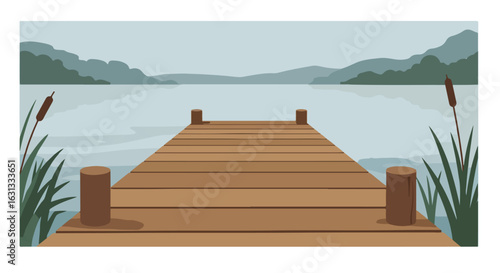 Walking on wooden pier at the lake. Mountain backdrop. Concept for recreation