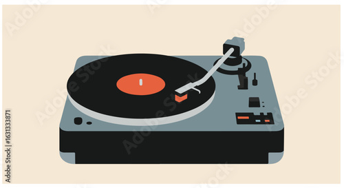 Record spins on turntable. Retro audio equipment against a solid background