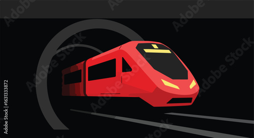 Red train exits tunnel; dark backdrop, illustration of transportation, journey
