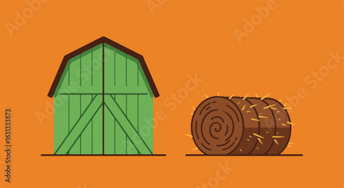 Green barn and rolled hay bale, orange background. Simple vector illustration