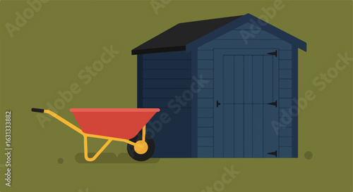 Red wheelbarrow near blue shed in yard, for landscaping, storage, or gardening