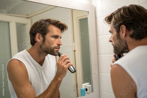 Man trimming beard with electric trimmer in bathroom mirror