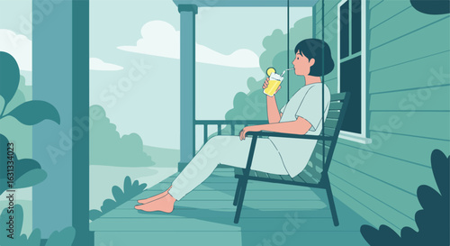 Lady drinking on porch with trees background, use digital illustration, design